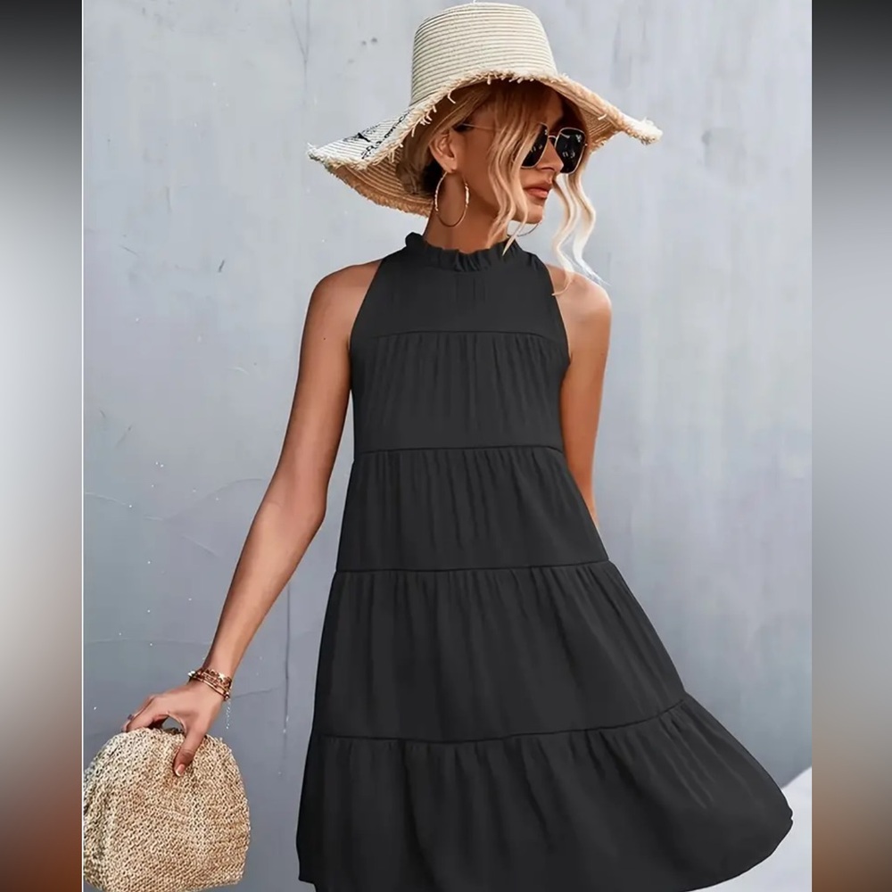 Women’s Trendy Black Ruffled Halter Dress, Sleeveless Loose Summer Dress w/ Tie